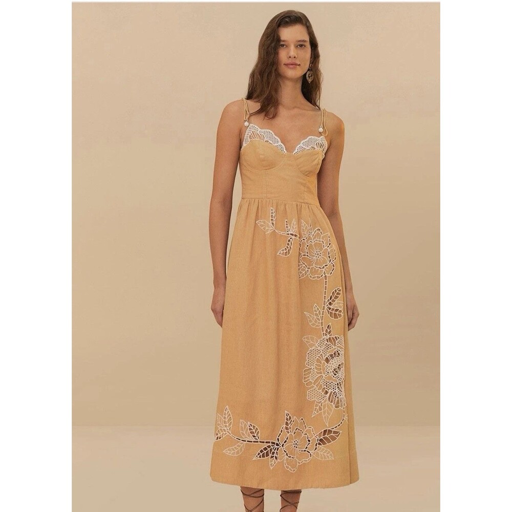 Caroline Constas women Golden Beige Embroidered Linen Long Maxi Dress sze Medium - Picture 3 of 9